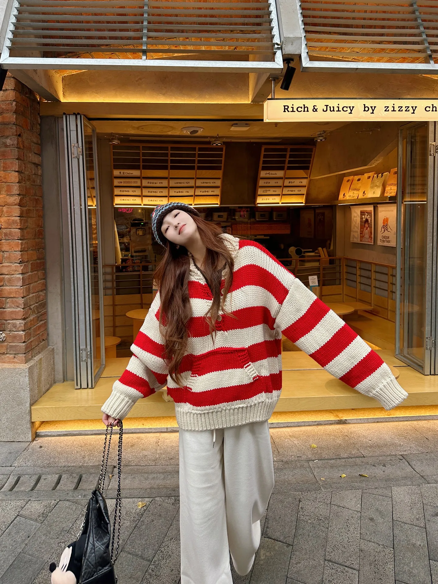 

WANNANKE Vintage Lazy Red Striped Loose Knitted Sweater Doll Collar Needlework Women's Faion Autumn Wear