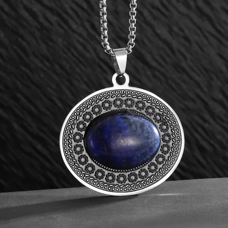 Retro Ethnic Style Oval Blue Gemstone Stainless Steel Pendant Necklace Women\\\'s Fashion Charm Hip-Hop Casual Jewelry