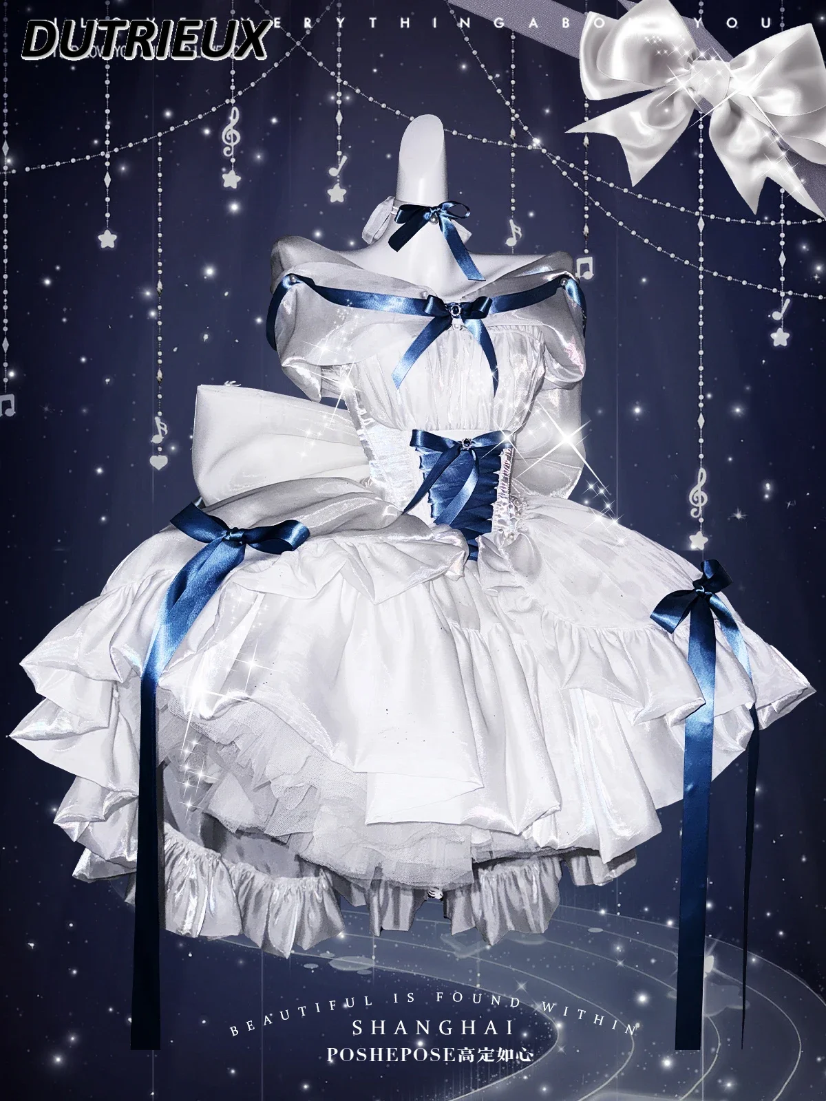 

White Princess Sweet Style One-Neck Bow Lace-Up High Waist Short Dress Summer Banquet Party Kawaii Cute Girls Fluffy Dresses