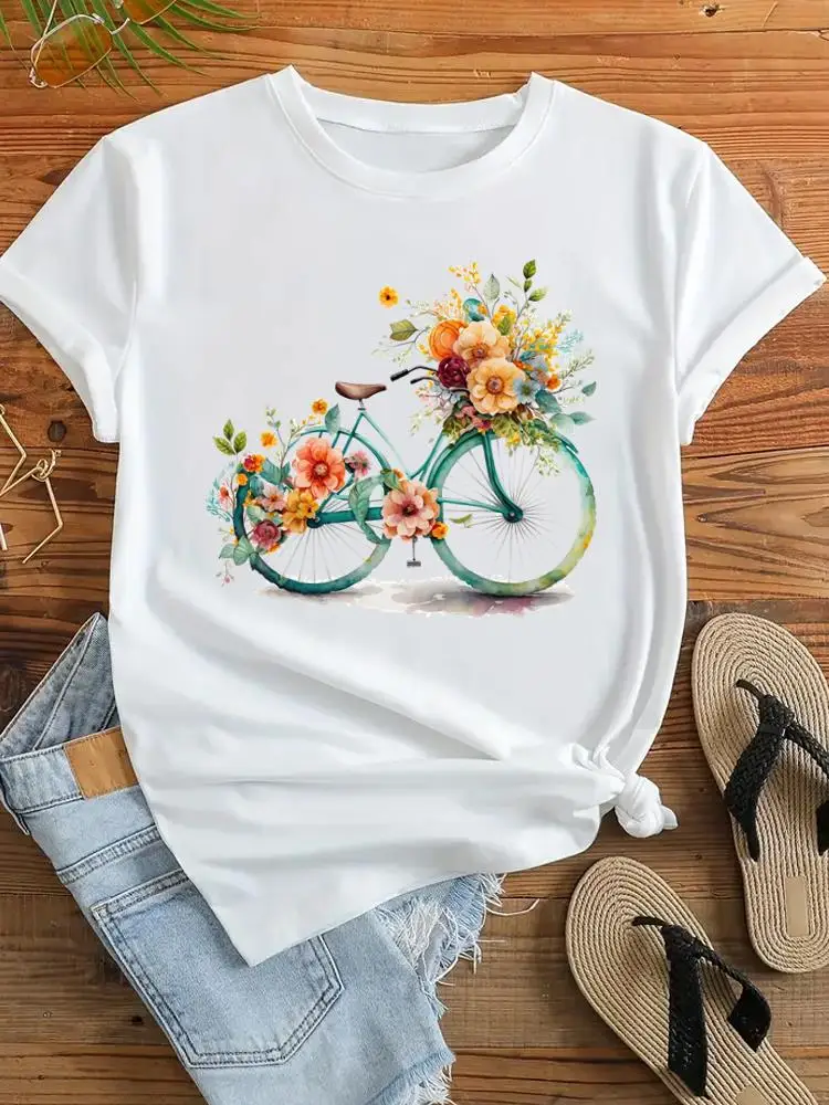 Bike Flower Trend Cute 90s Clothing Women T-shirt Ladies Female Print Top Fashion T Shirt Short Sleeve Clothes Graphic Tee