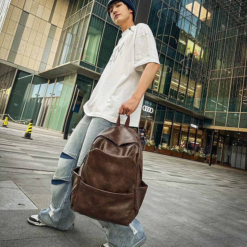 Men's Large Capacity Backpack PU Leather Multi-Purpose Laptop Bag Trendy School College Backpack for Teens