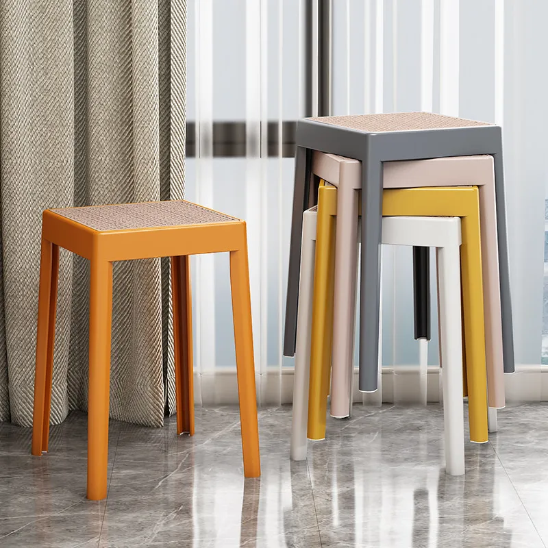 Simple imitation rattan woven household square stool plastic thickened stackable living room dining table high bench
