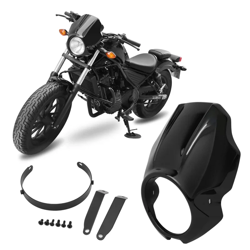 Motorcycle Gloss Black Front Headlight Cover Fairing Head Light Mask Fork Mount Kit For Honda Rebel CMX 300 500 2017-2023