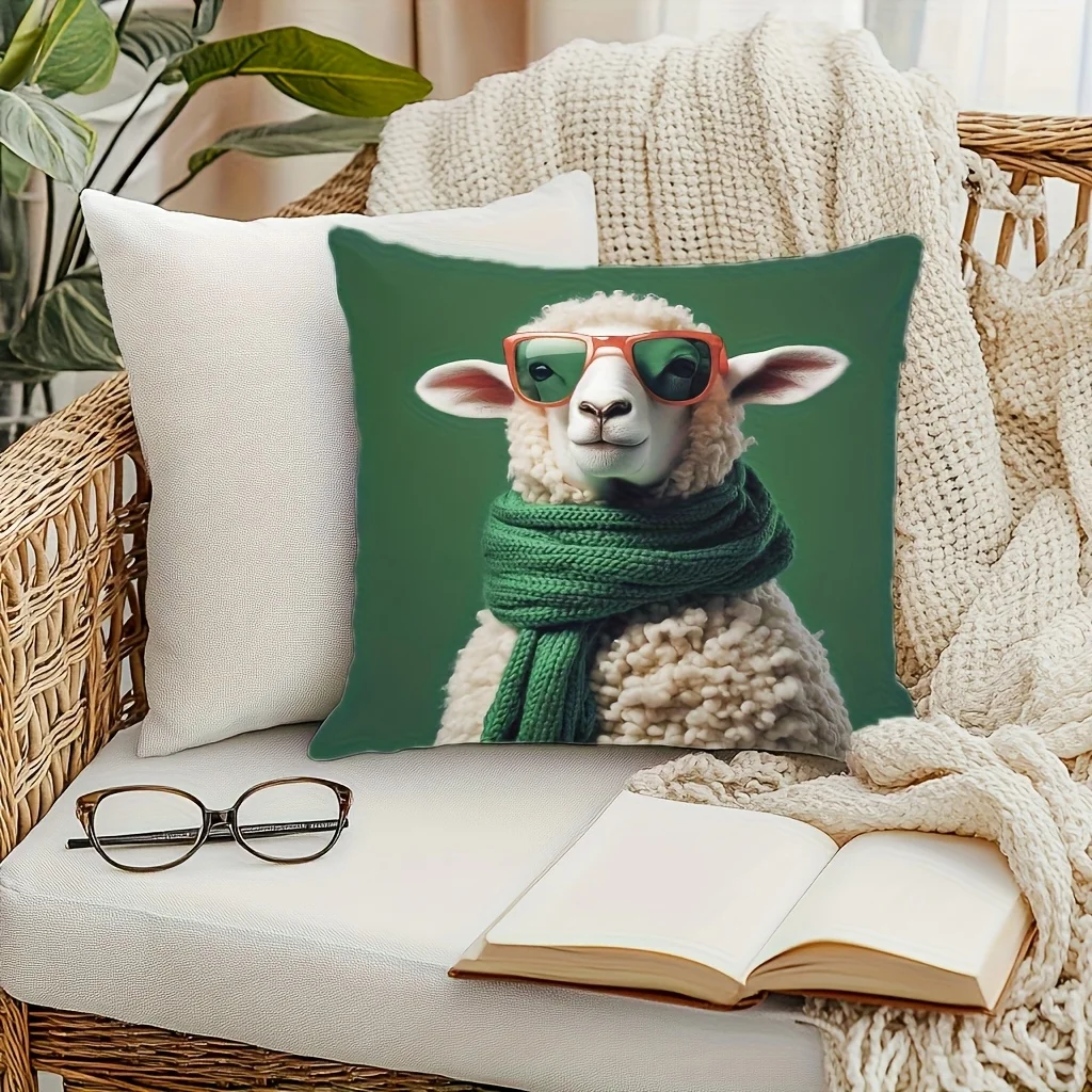 Cute Cool Sheep Print Throw Pillow Cover Stylish Sheep with Sunglasses and Scarf Decorative Cushion Case for Home Sofa Couch