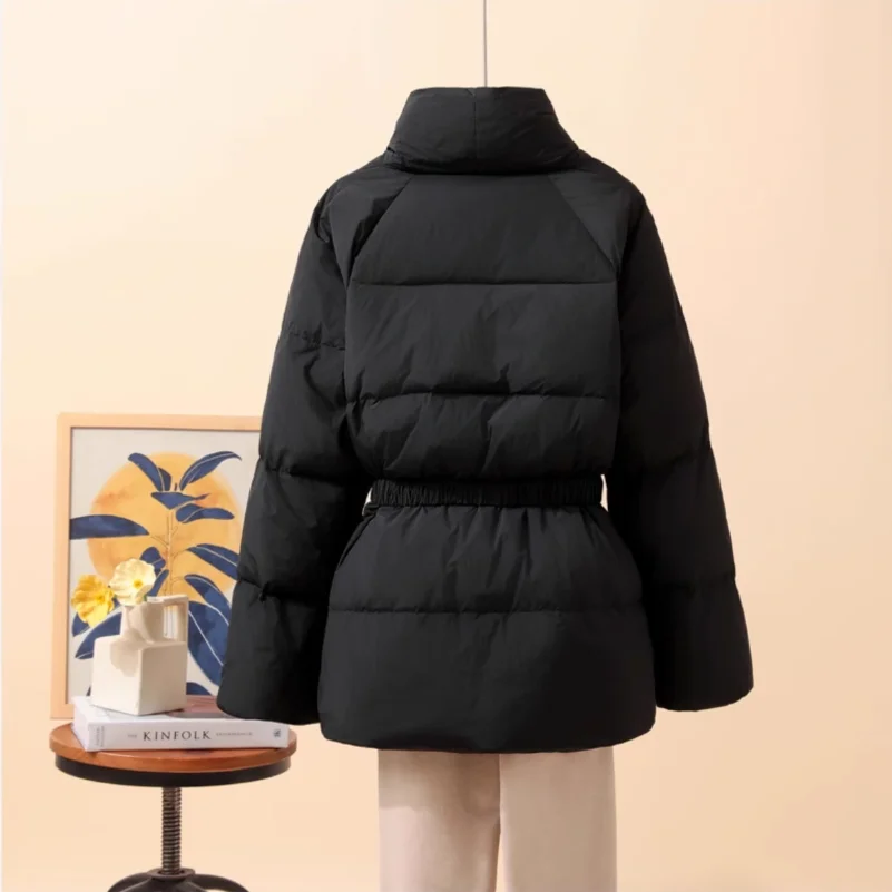 New Fashion Temperament Cotton Coat Women Winter Warm Solid Color V-neck Gathered Waist Jacket Coats Parkas with Belt