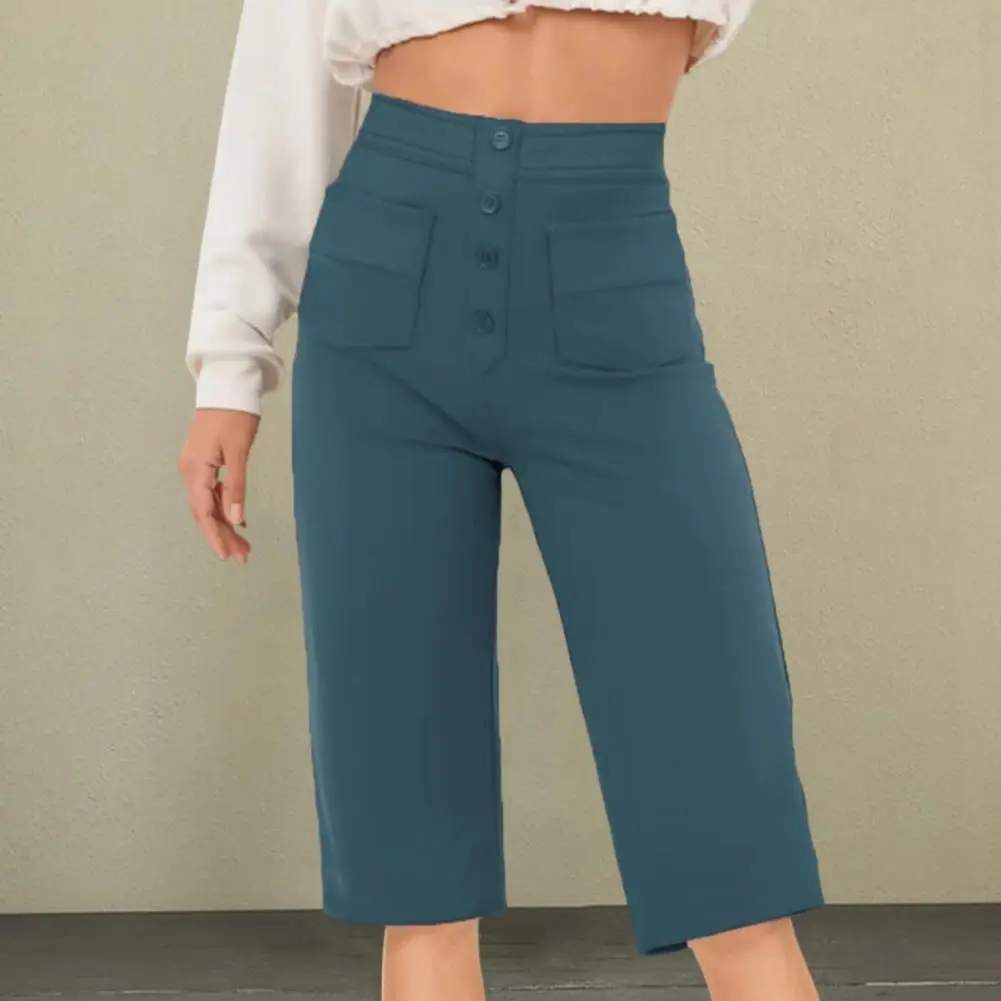 

Straight-leg Pants High Waist Button Decor Straight Leg Shorts with Multiple Pockets for Women Stretchy Work Trousers Cropped