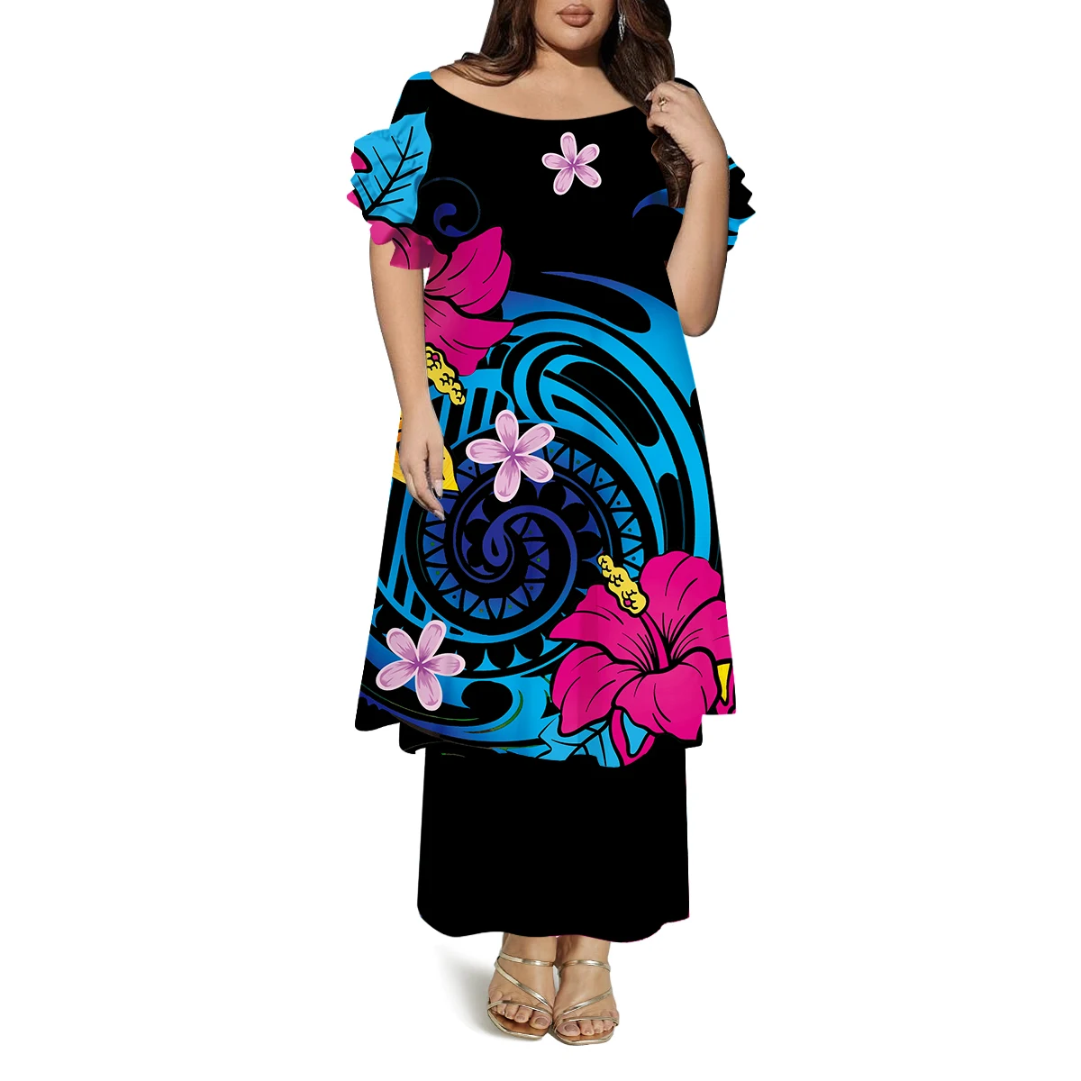 Vestido feminino polinésio casual personalizado de camada dupla com padrão em torno do pescoço mangas borboleta vestido de verão solto de alta qualidade