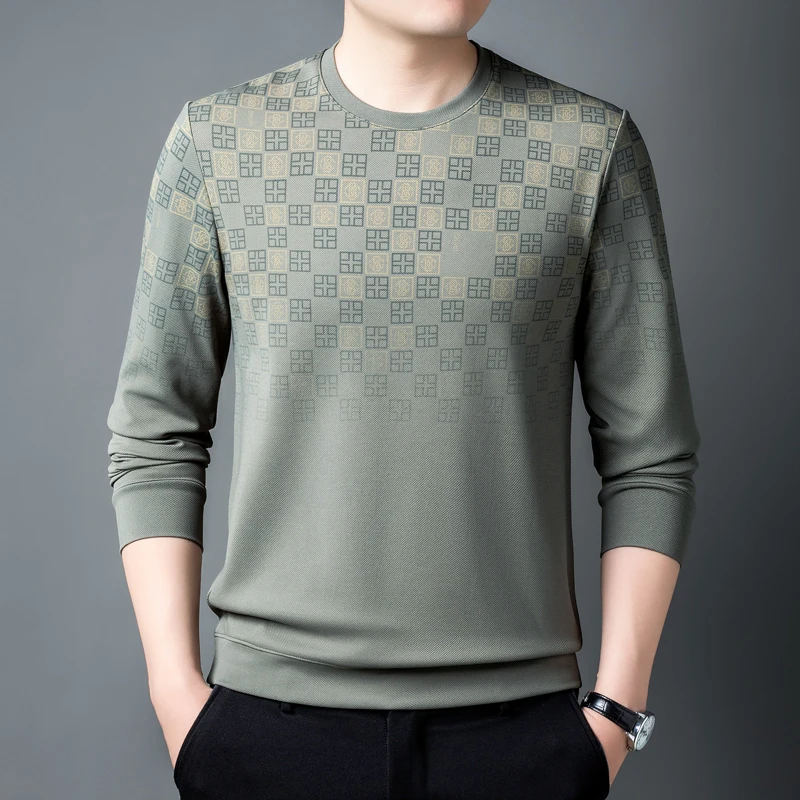 Men's Clothing Long Sleeve Round Neck Spring Autumn Printing Contrast Color Pullover Geometric T-shirt Casual Preppy Style Tops