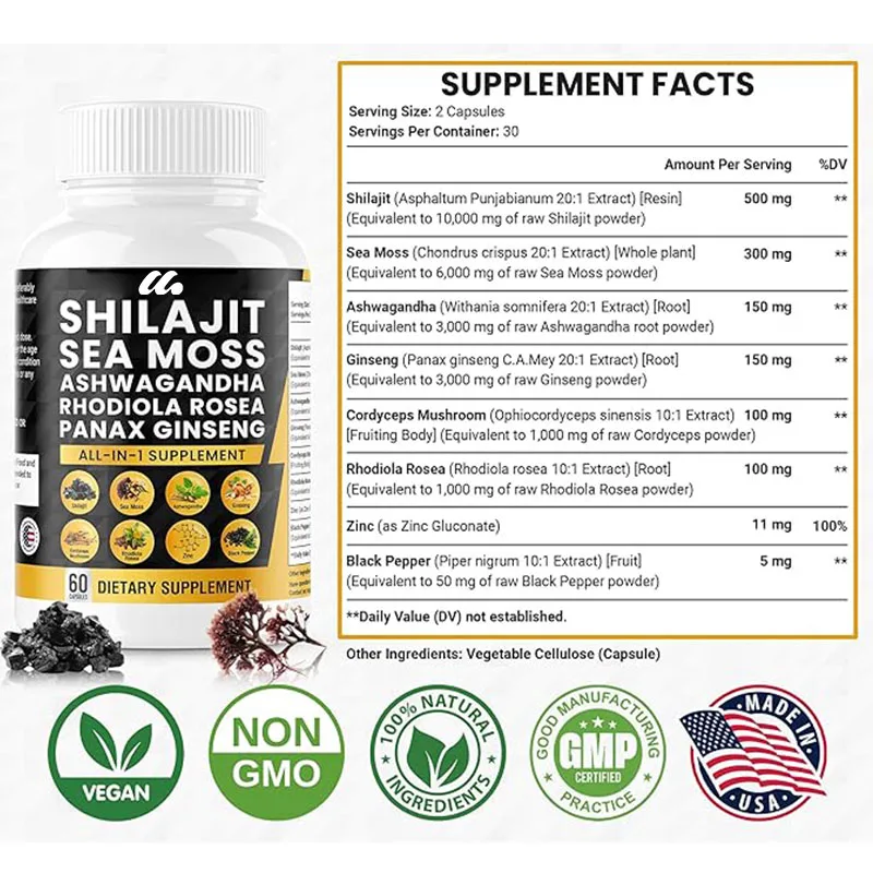 Shilajit Pure Himalayan Organic Sea Moss Panax Ginseng Cordyceps Rhodiola Rosea Zinc, Fulvic Acid & Trace Minerals