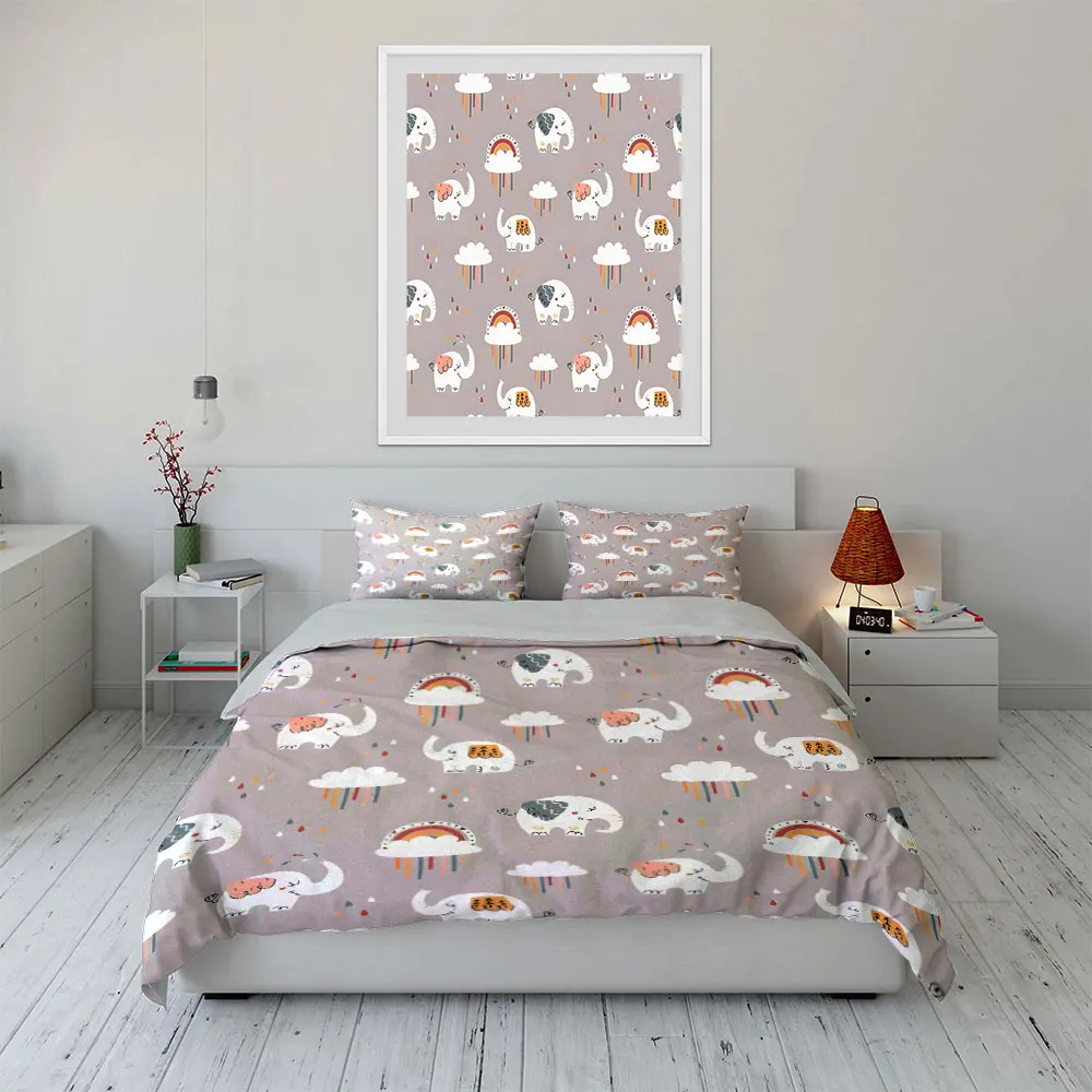 Elephant Rainbow Clouds Raindrops Pattern Duvet Cover Set Digital Print Colorful Polyester Bedding with Zipper Closur for gifts