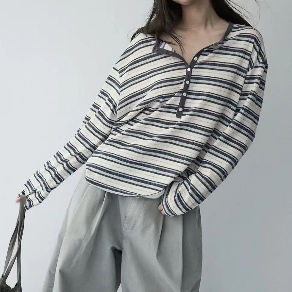 Kimotimo Women Korean Style Striped Henley Long Sleeve T‑Shirt Autumn Winter Loose Relaxed Layered Look Casual Ladies Top