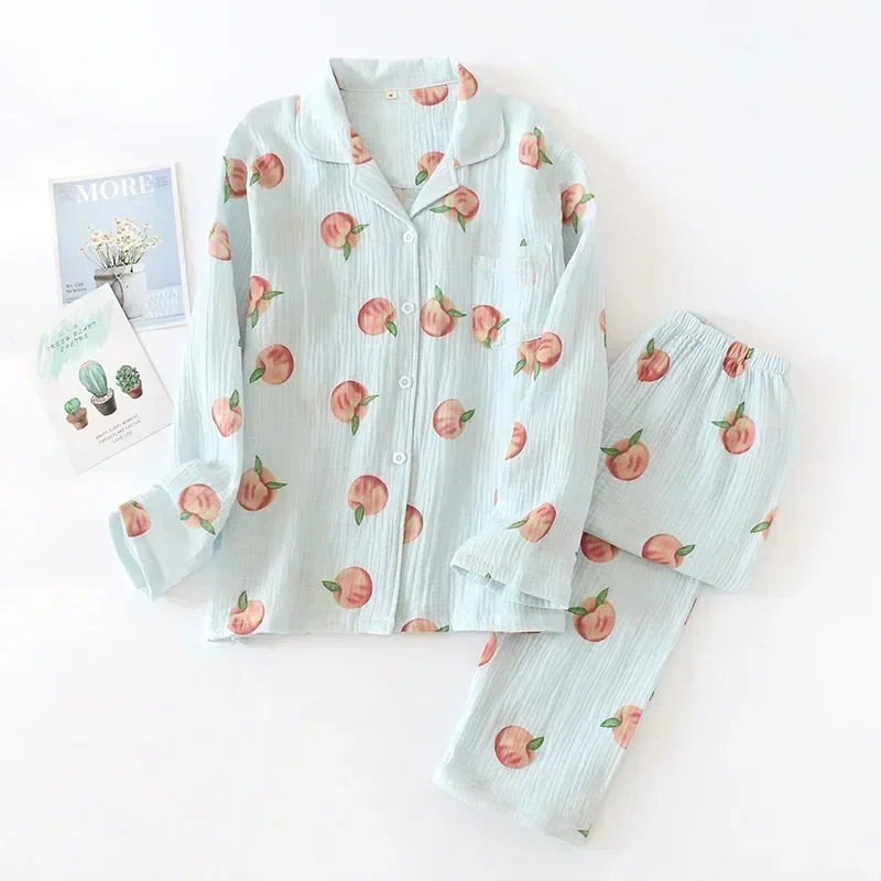 New large size pajamas women cotton crepe home service cotton long sleeve trousers suit simple and comfortable summer and autumn