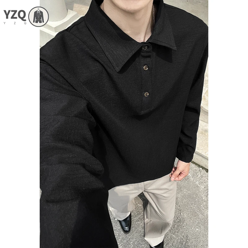 Men Half Button Lapel Long Sleeve Polo Top Heather Textured Weave Relaxed Oversized For Layered Autumn Casual Outfit