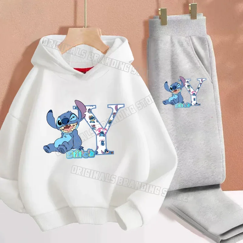 Stitch Disney Sweatshirt Suit Children Boy Girl Plush Kawaii Hoodies+pants Trendy Print Hoodie Sweatpants Anime Clothes Set Gift