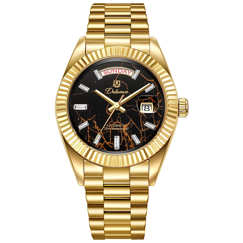 Men Business Automatic Wristwatch Steel Band Fluted Bezel Dial Day Date Function 30M Waterproof Dress Watch for Gentleman