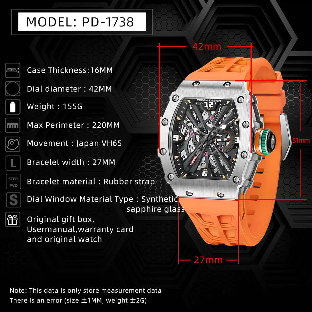 Pagani PD1738 Sports Quartz Watch for Men 2026 New Model Japanese VH65 Movement Sapphire Crystal Durable Rubber Strap - view 6