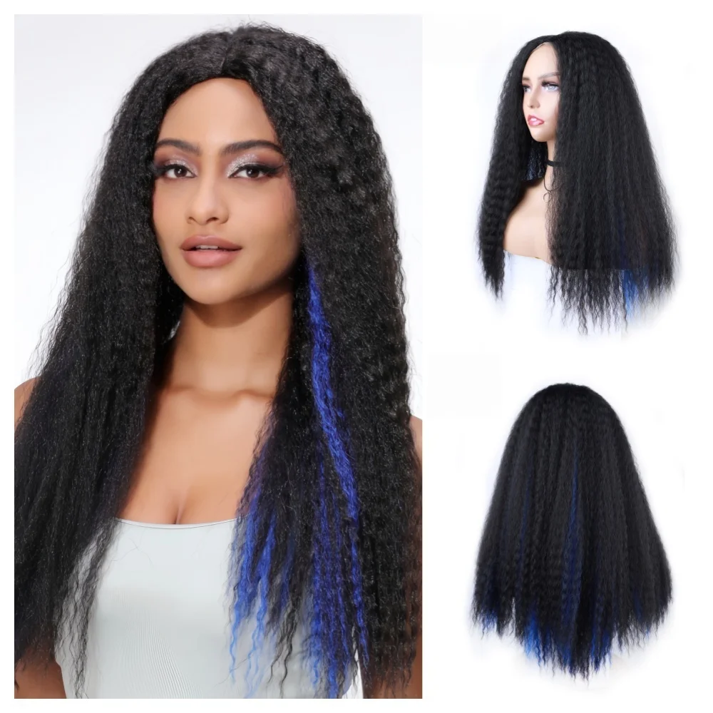 Lydia 20Inch Kinky Straight Long Natural Wavy Synthetic Wig Skin Topper Mixed Piano 1B/Blue Fluffy Tanglefree Curly Daily Wigs