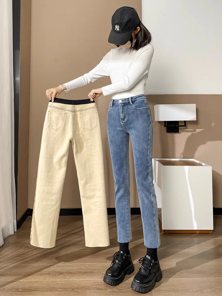 Women's Fleece Lined Thick High Waist Straight Leg Jeans Winter New Style Autumn Winter Short Women Heightening Nine Point Sm...