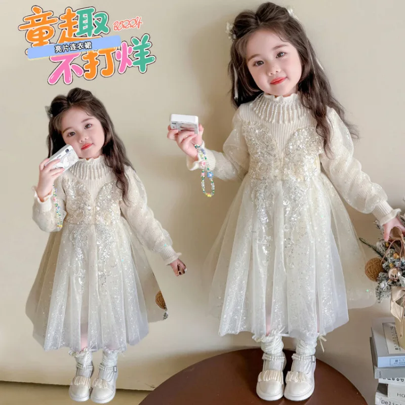 Girls' Stylish Spring and Autumn Long Sleeve Dress Baby New Knitted Sweater Dress Early Autumn Outfit