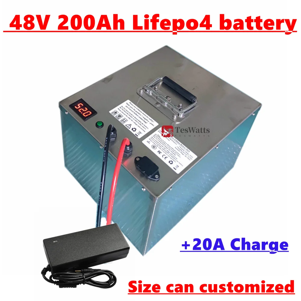 

Waterproof rechargeable 48V 200Ah Lifepo4 battery with BMS for trolling motor UPS solar storage system RV golf cart +20A Charge
