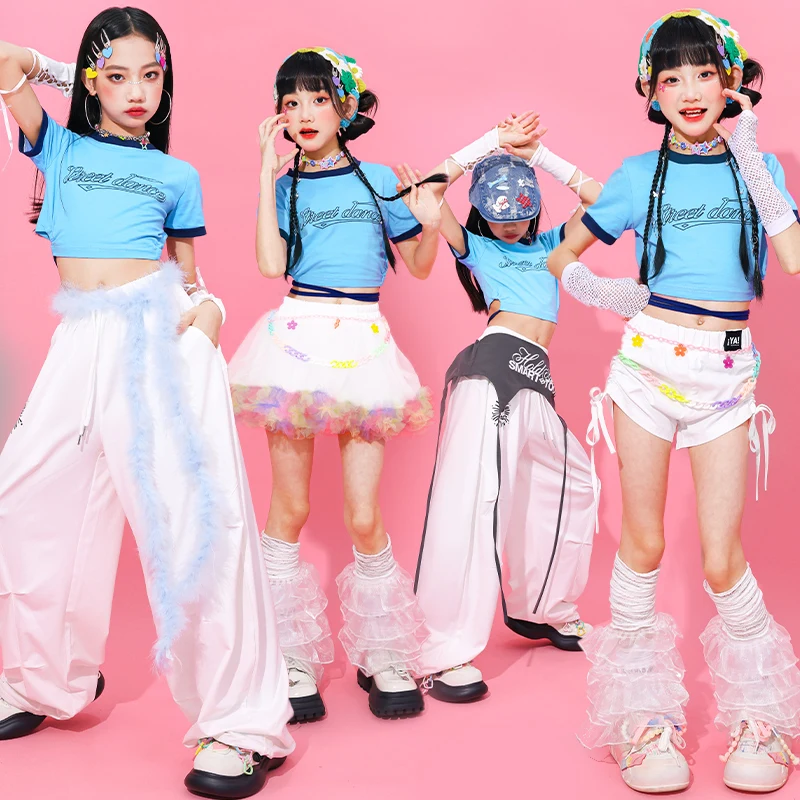 Ragazze Hip Hop Blu Crop Top Gonne a strati Bambini K-pop Streetwear Bambini Jazz Girl Group Costume Teen Street Dance Set di vestiti
