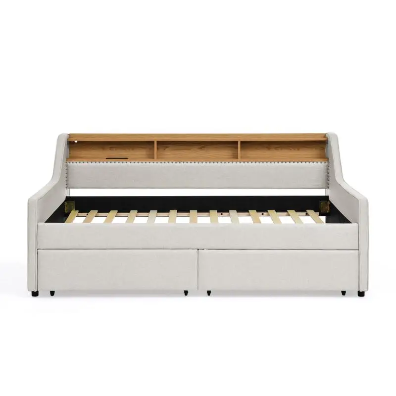 أريكة سرير منجد مزدوج الحجم مع أضواء LED، لوح رأسي قابل للتعديل، أدراج تخزين، شحن لاسلكي، إطار مبطن بالكتان،