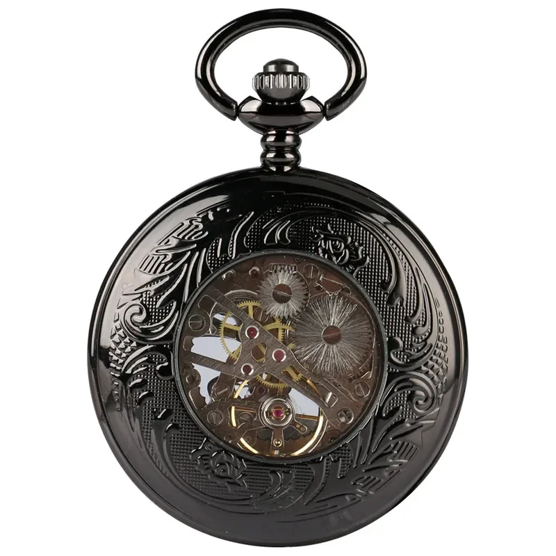 Antique Half Hunter Transparent Case Men Women Mechanical Hand Wind Pocket Watch Fob Pendant Chain Luminous Hands Timepiece