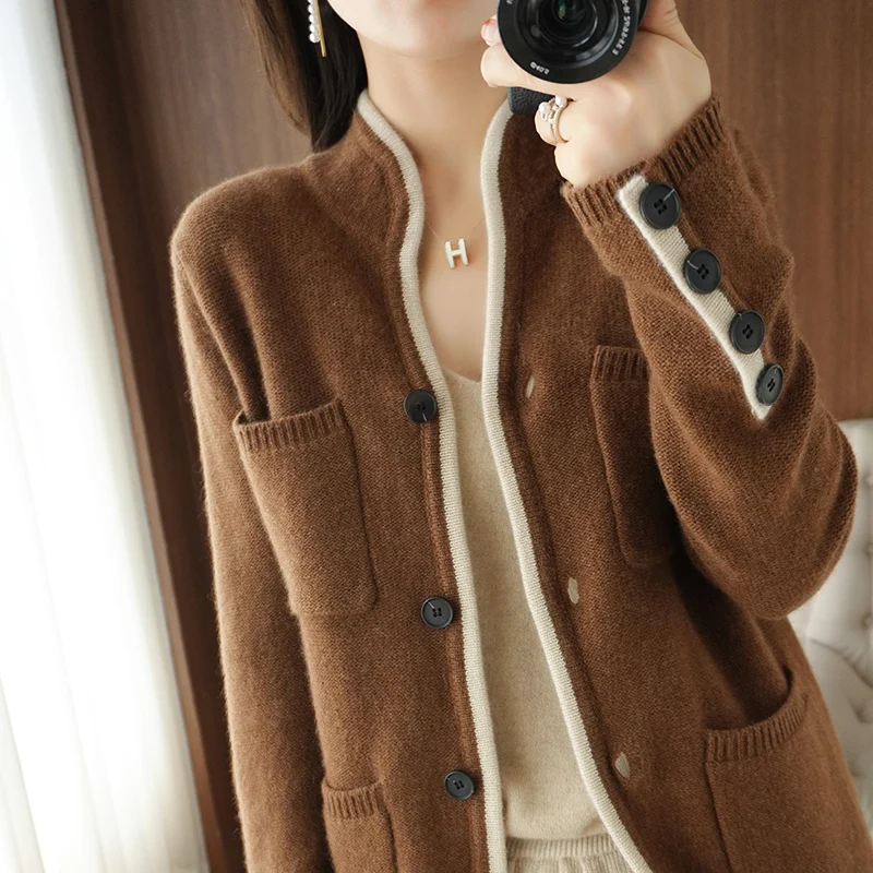 100%Pure Wool Sweater Autumn/Winter 2022 Women\'s Stand-up Collar Cardigan Casual Knit Tops Korean Fashion Female Jacket