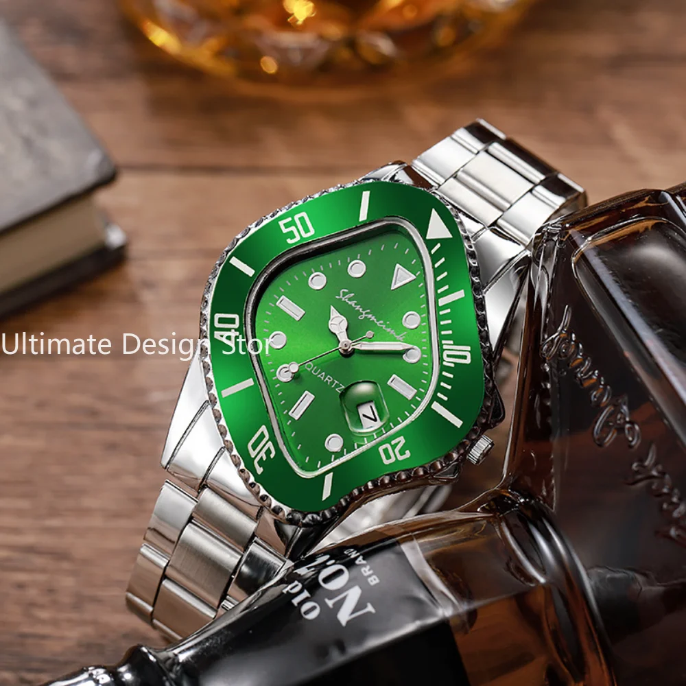 Watch for Men Unusual Conceptua Crash Melting Twist Shaped Case Quartz Wristwatch Male Man Luxury Green Clock