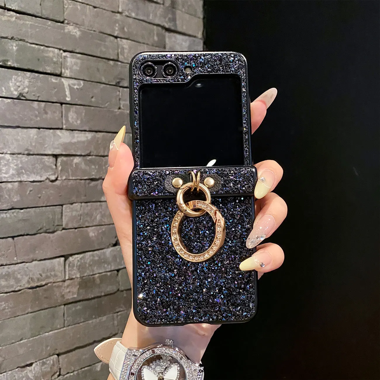 حافظة فاخرة لامعة من حجر الراين الماسي اللامع بإبزيم على شكل حلقة لهاتف سامسونج جالاكسي Z Flip 7 6 5 4 3 غطاء خلفي واقٍ من 3 قطع #2