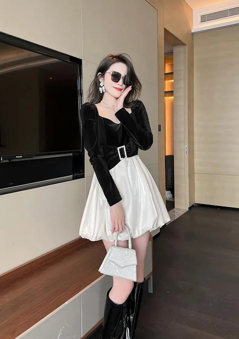 

Spring new French style dress lady bow velvet waist square collar puffy dress for women