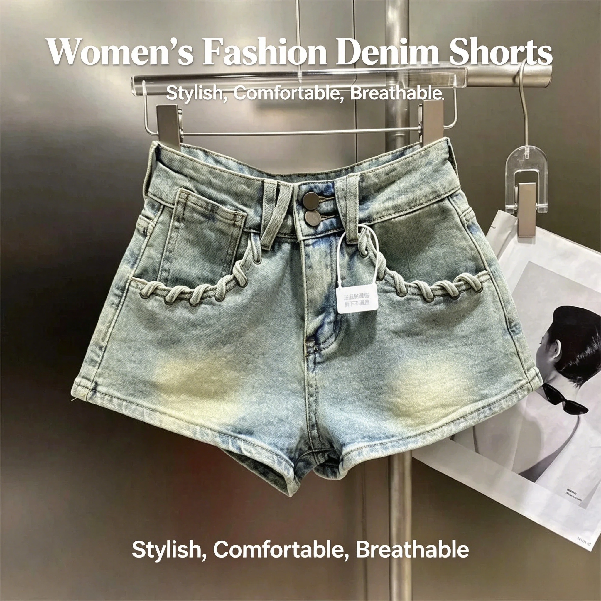 XIZOU American 2024 Summer New Woven Pocket Decoration Washed Water Make Old Spicy Girl Look Slim and Versatile Denim Shorts