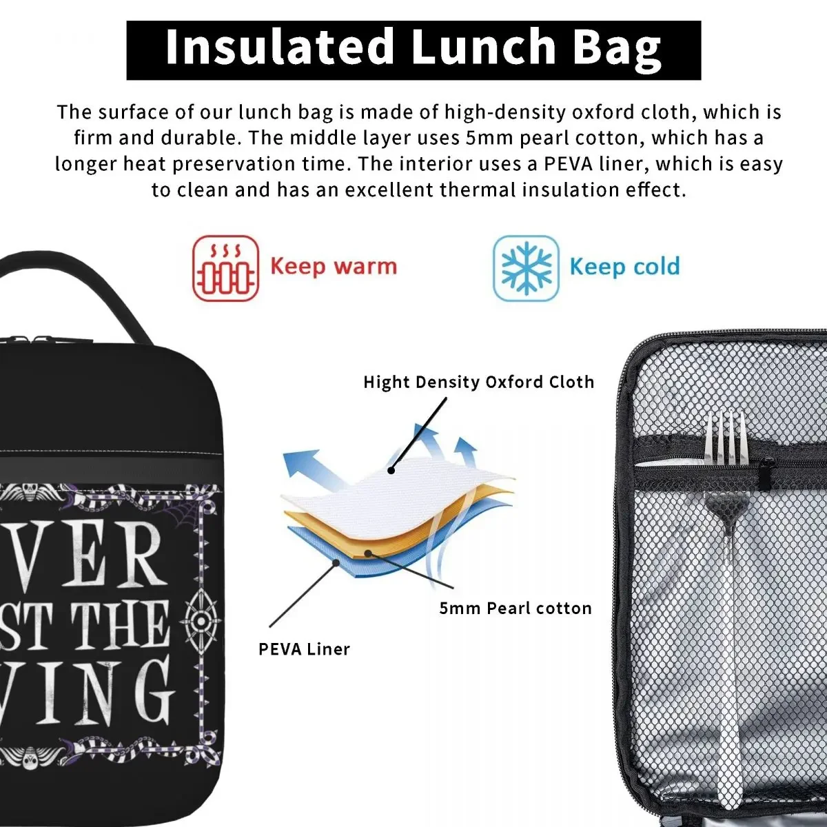 Never Trust The Living Insulated Lunch Bags Goth Occult Halloween Witch Quote Portable Cooler Thermal Food Lunch Box Work Travel