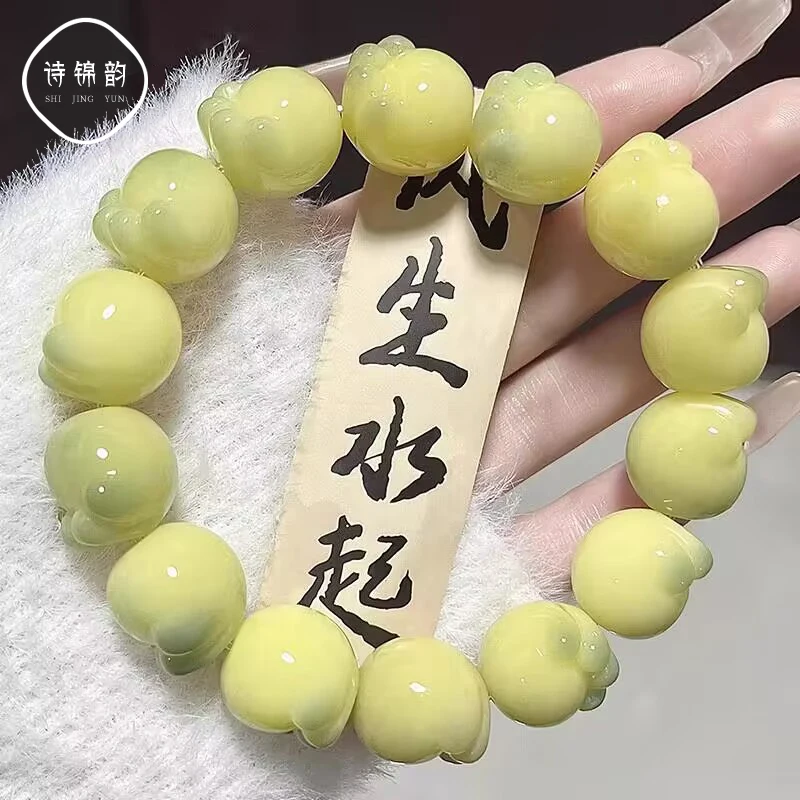 Large Size Three-flower Cat's Claw White Jade Bodhi Root Bracelet Yellow Women's Wen Play Real Bodhi Wen Play Beads Hnad String