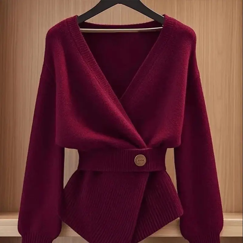 V-neck Knitting Cardigan Women Autumn Winter Simplicity Office Lady Solid Color Sweater Coat Elegant Temperament Knitwear Tops