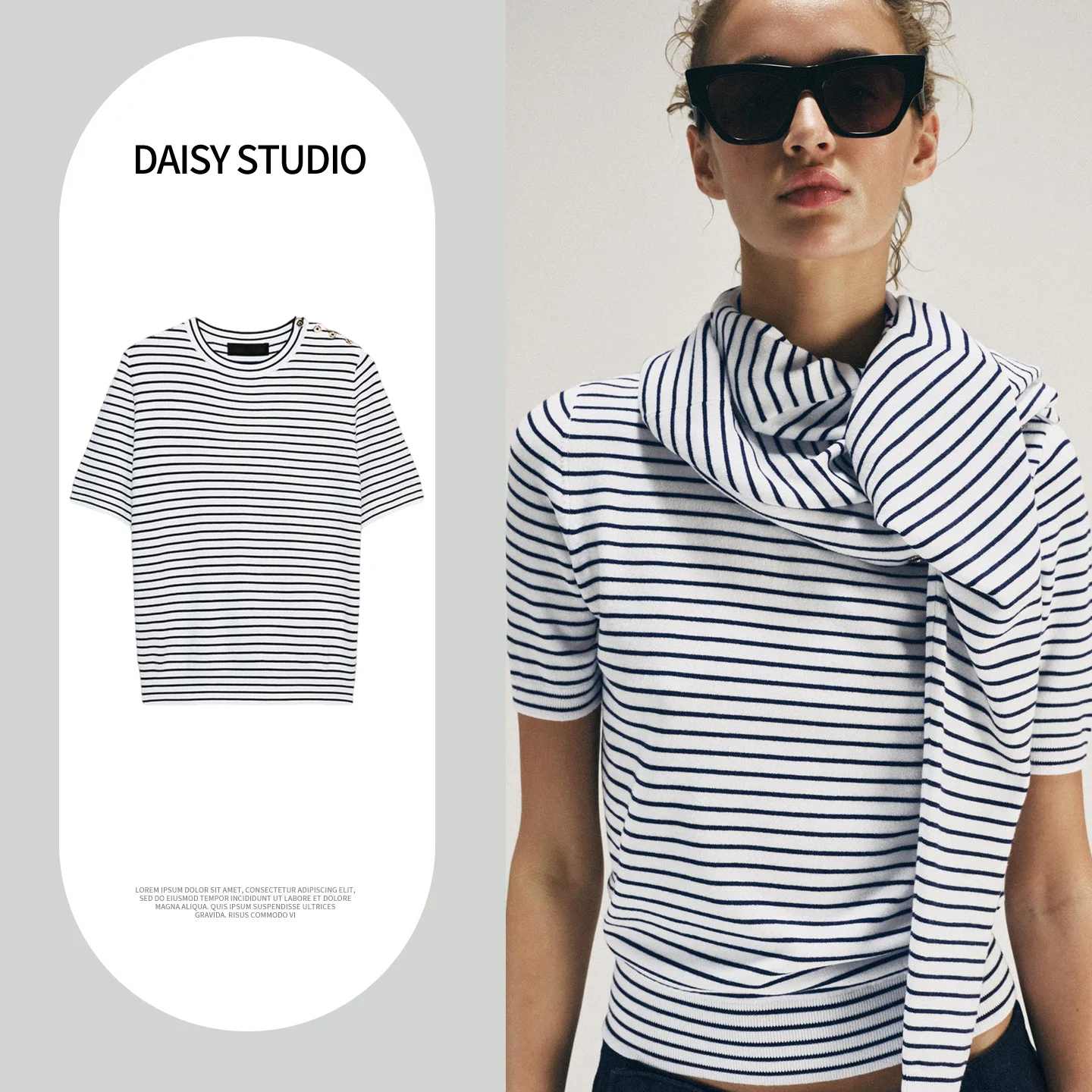 Spring Summer New Casual Style Women's Knitted Top with Button Shoulder Short Sleeve round Neck Striped Polyester Fiber