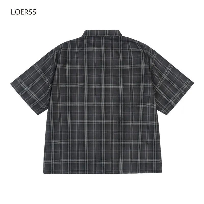 LOERSS Plaid Shirt Letter Embroidery Short Sleeve Shirt Summer Cardigan Oversized Tops Casual Vintage Couple Lapel Short Shirts