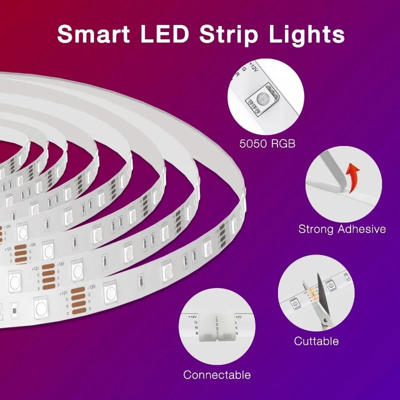 Smart WiFi LED Strip Lights, Funciona com Alexa e Google Assistant, App Voice Remote Control, Música Sync Color, Trabalho, 200 pés