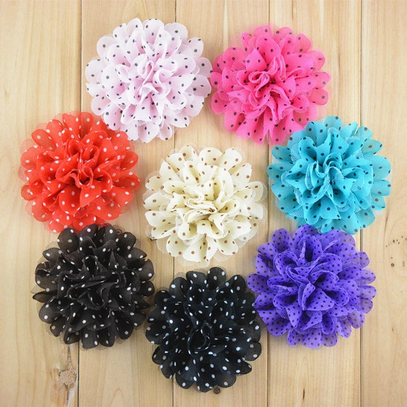 

120pcs/lot 3.9" Dot Flower Chiffon Lace Flowers Without Hair Clip Fashion Headdress Flower Corsage Fabric Flowers For Headband