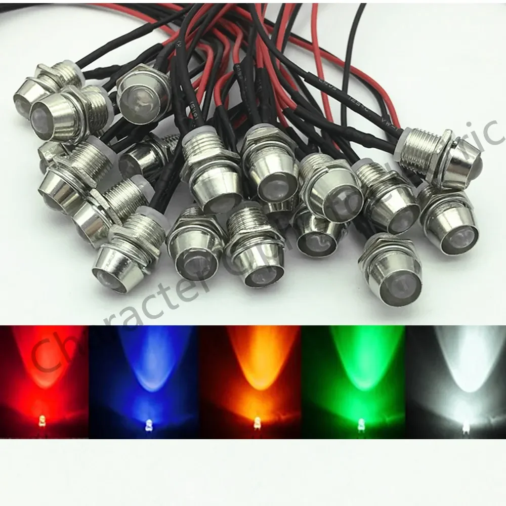 10pcs 5mm 12V 24V colorful pre-wired LED Metal Indicator Pilot Dash Light Lamp Wire Leads