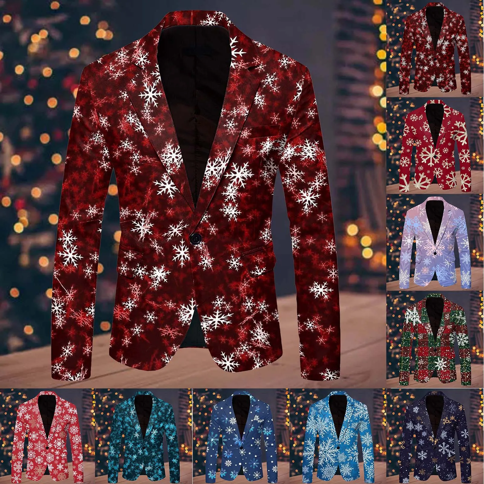 Snowflake Pattern Christmas Blazer Jacket Men Fashion Leisure Christmas Printed Pocket Singel Button Jacket Mens Party Clothing