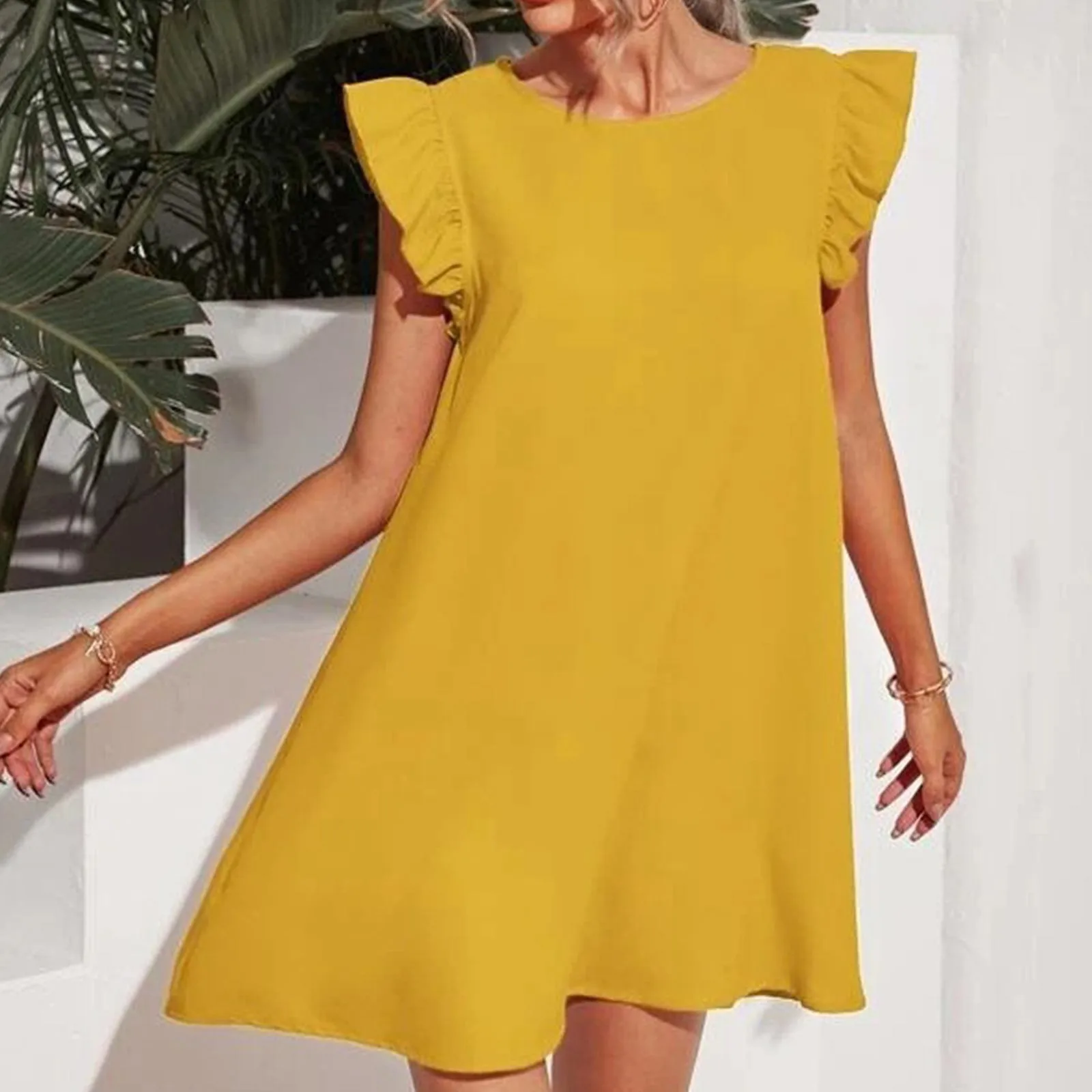 Elegant Ruffled Short Sleeve A-Line Dress Solid Color O Neck Women Sexy Casual Flare Dresses Vacation Party Night Lady Vestidos