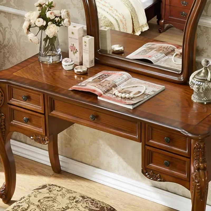 Dressing table with mirror Solid wood engraved dressing table with 5 drawers European style home furniture Hotel furniture