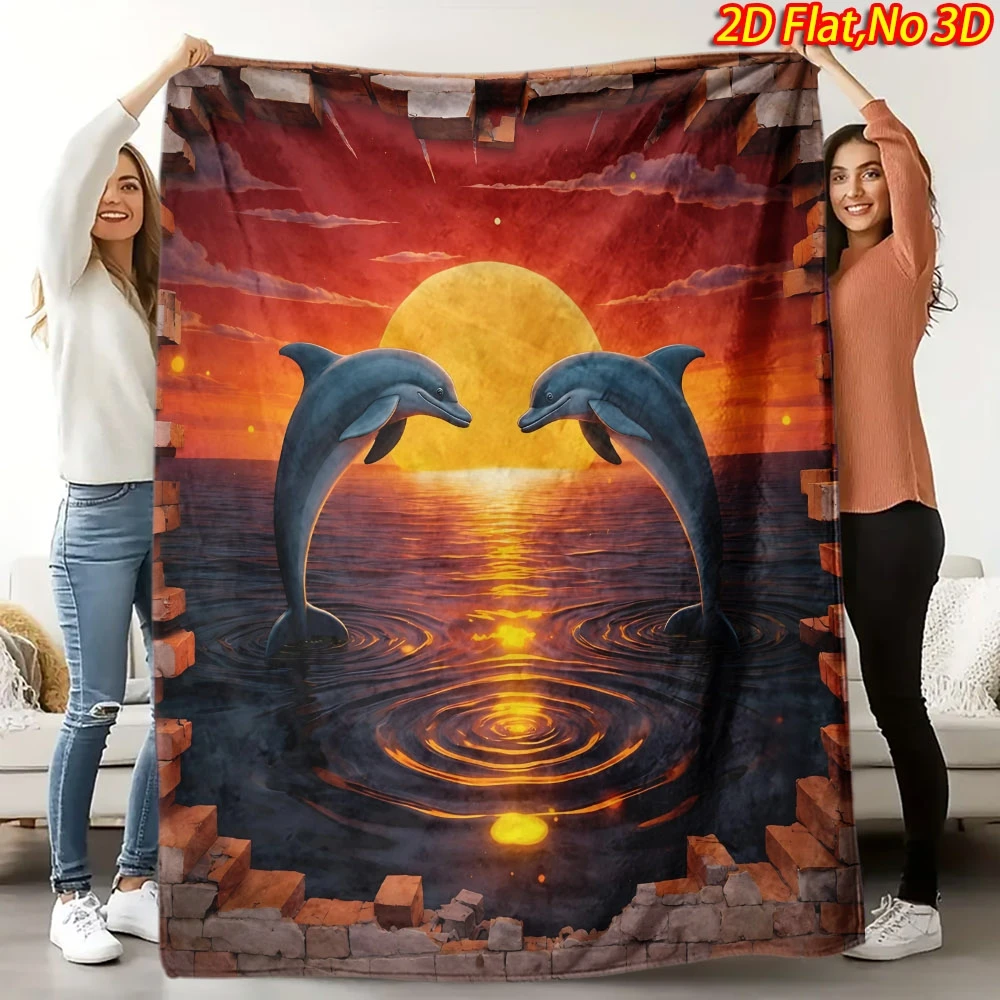 3D Broken Brick Border Sunset Ocean Twin Dolphins Flannel Throw Blanket, Warm Cozy Blanket, Decor Gift For Ocean Lovers Bedroom