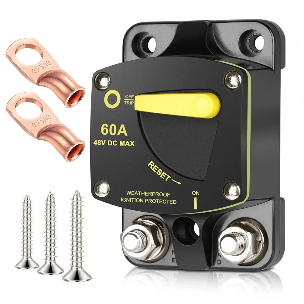J1UL1N 60 Amp Circuit Breaker DC 12V-48V Fuse With Manual Reset Switch For RV Car Audio Boat Trolling Motor Stereo Audio