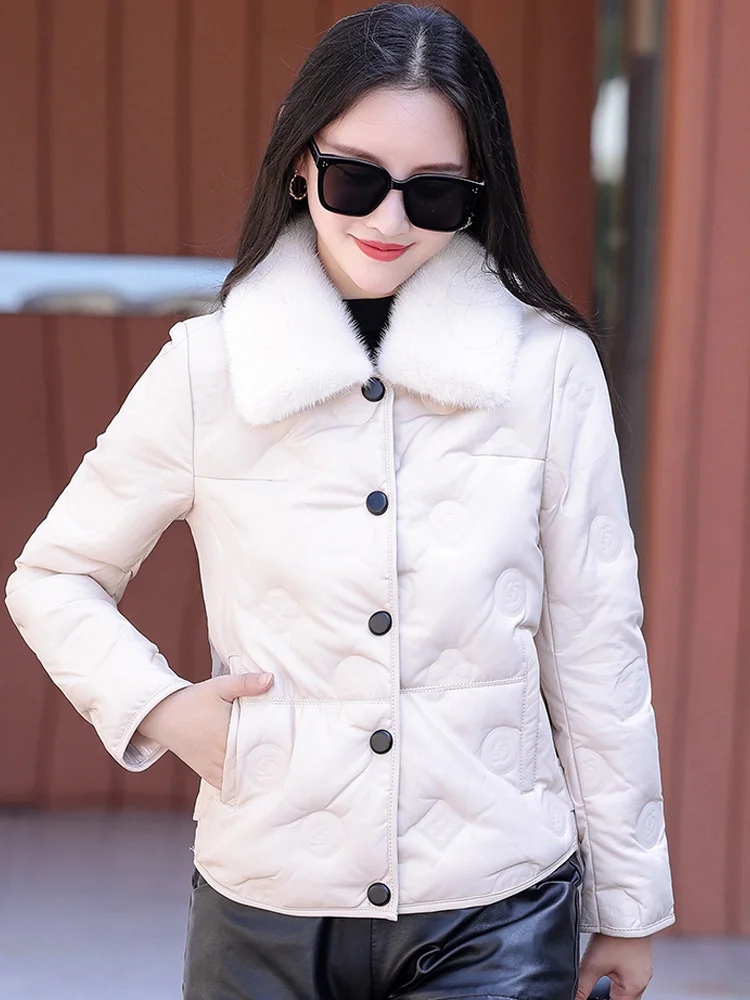 New Women Leather Down Jacket Winter Casual Fashion Thick Warm Mink Fur Collar Embossing Pattern Loose Sheep Leather Down Coat