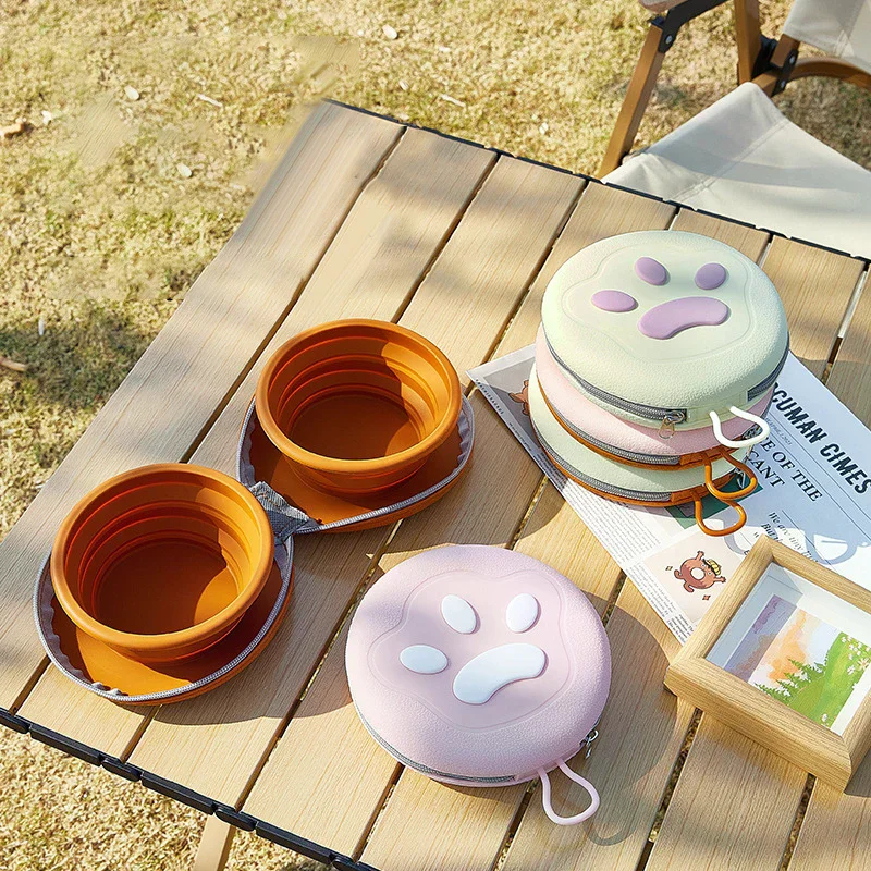 2 In 1 Foldable Silicone Dog Bowl Portable Travel Pet Feeding Double Bowl Easy To Clean For Outdoor Training Pet Feed Supplies