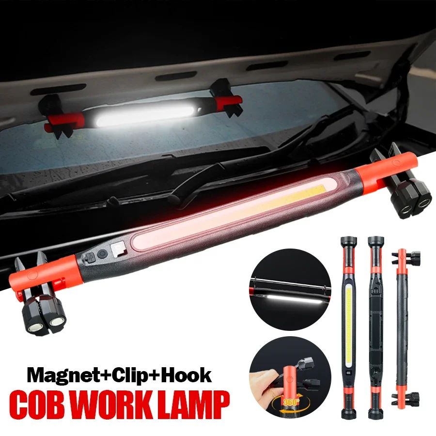 High Lumen Rechargeable LED Work Light for Car Emergency Repair, Powerful Magnetic Flashlight with Hooks and Magnetic Base