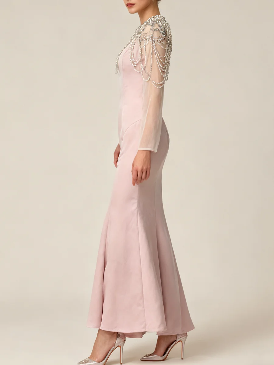 فساتين التخسيس الماسية الصلبة من VGH للنساء برقبة دائرية وأكمام طويلة وخصر عالٍ فستان بمزاجية للسيدات على الموضة