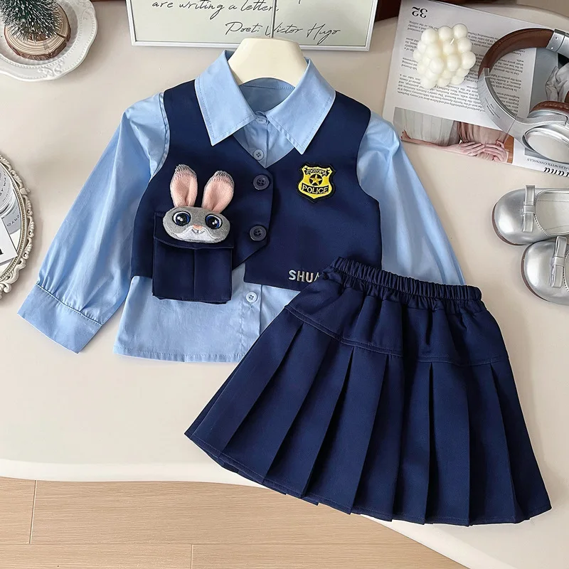 

Girls' Preppy Style Suit Autumn New Children's Rabbit Officer Little Girl Vest Shirt Pleated Skirt Three-Piece Set